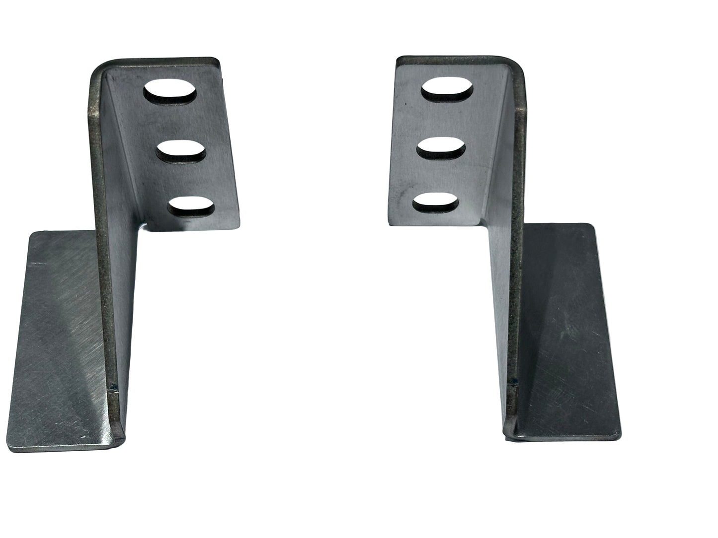 Two metal brackets on a white background. Metal bracket with 'www.servec.co.uk' branding on a gray background for 19" rear mounting of batteries