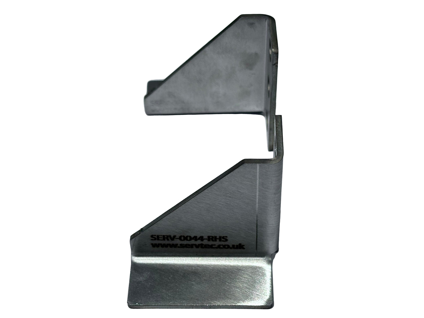 Two metal brackets on a light gray background. Metal bracket with 'www.servec.co.uk' branding on a gray background for 19" rear mounting of batteries