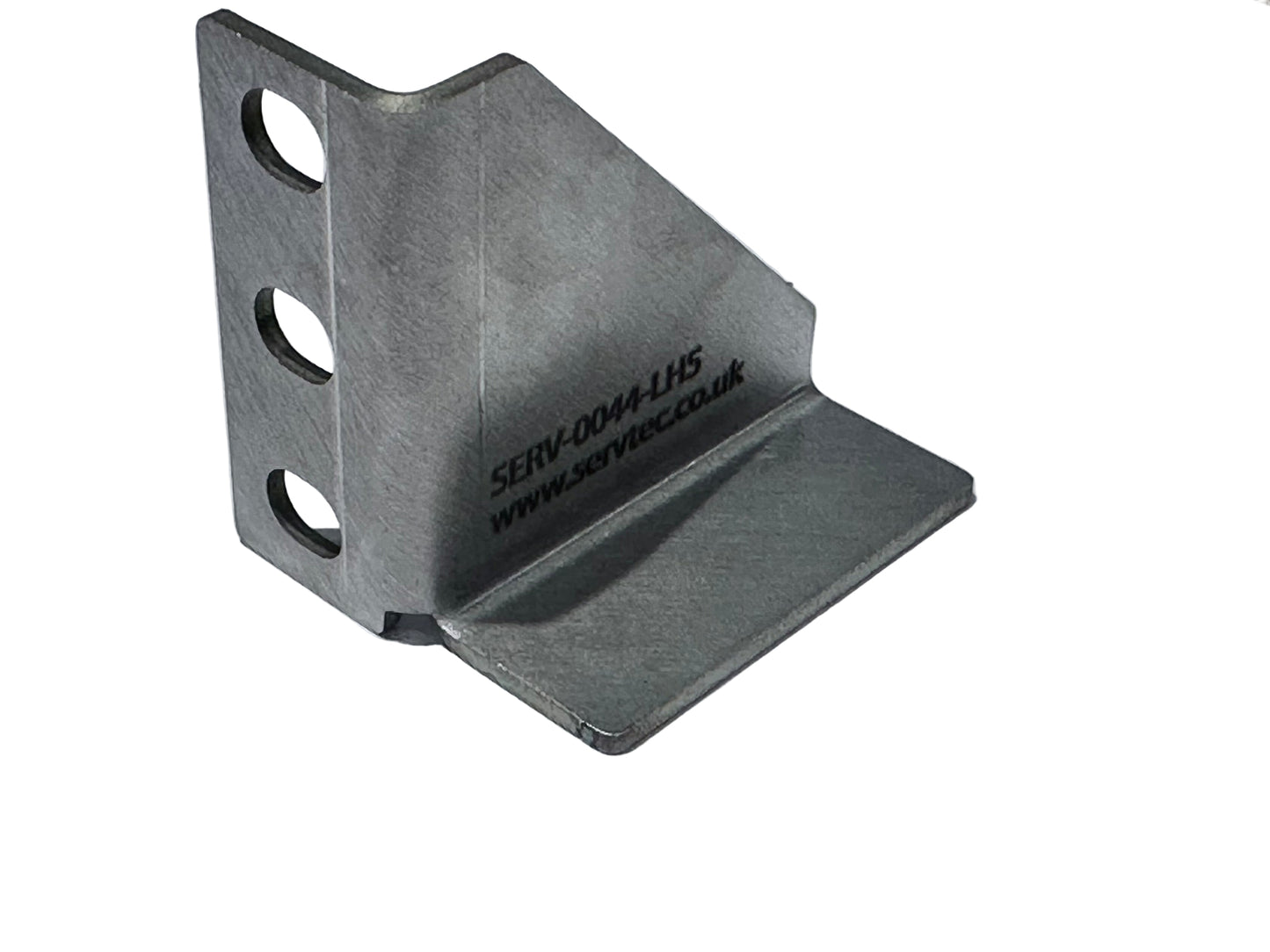 Metal bracket with 'www.servec.co.uk' branding on a gray background for 19" rear mounting of batteries