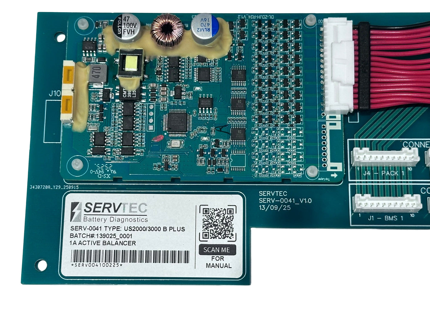 Servtec electronic circuit board with various components on a white background, AN ACTIVE BALANCER4 FOR A PYLONTECH BATTERY.