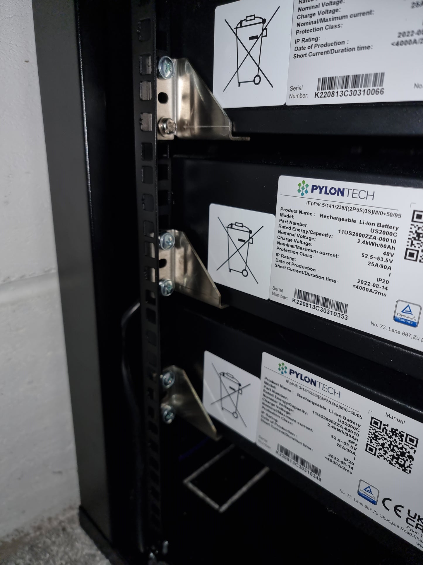 1U Short Shelf / Rear 19" Rack Mount Support Kit for Pylontech Battery – 45, 90 mm Deep, Stainless Steel