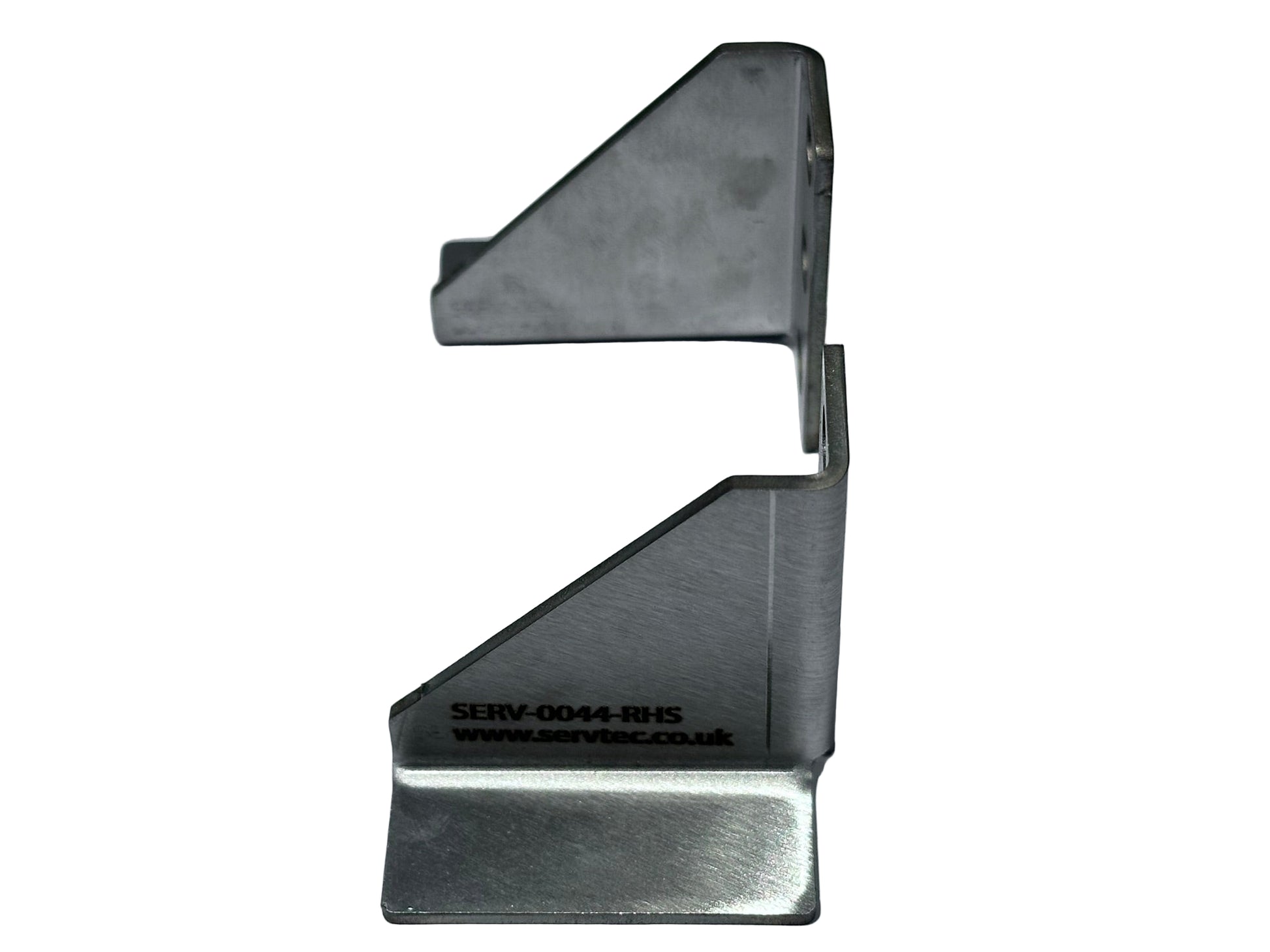 Two metal brackets on a light gray background. Metal bracket with 'www.servec.co.uk' branding on a gray background for 19" rear mounting of batteries