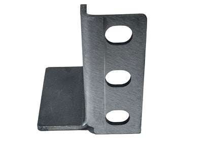 Metal bracket with three circular holes on a light gray background. Metal bracket with 'www.servec.co.uk' branding on a gray background for 19" rear mounting of batteries