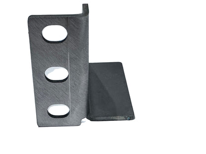 Metal bracket with three circular holes on a light gray background. Metal bracket with 'www.servec.co.uk' branding on a gray background for 19" rear mounting of batteries