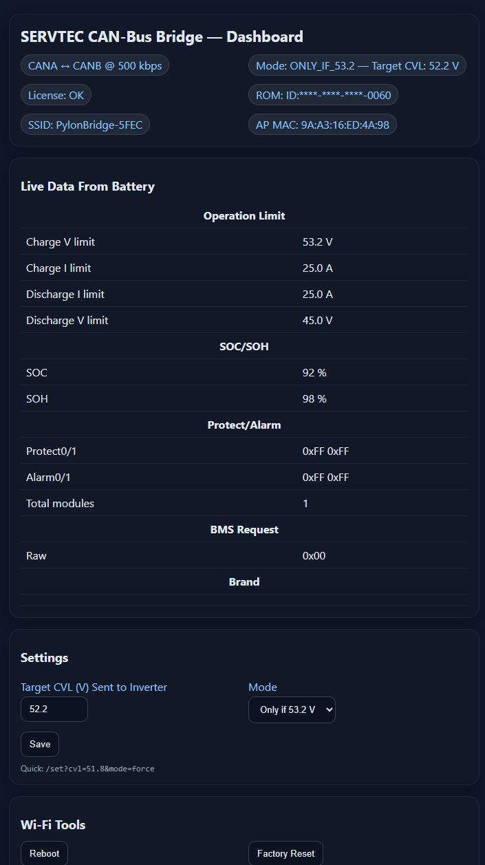 CAN-Bus Bridge – Adjustable Charge Voltage for Pylontech Batteries